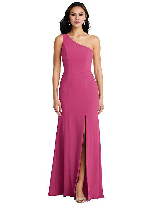 Mulberry Crepe One Shoulder Floor-Length Bridesmaid Dress with High Slit