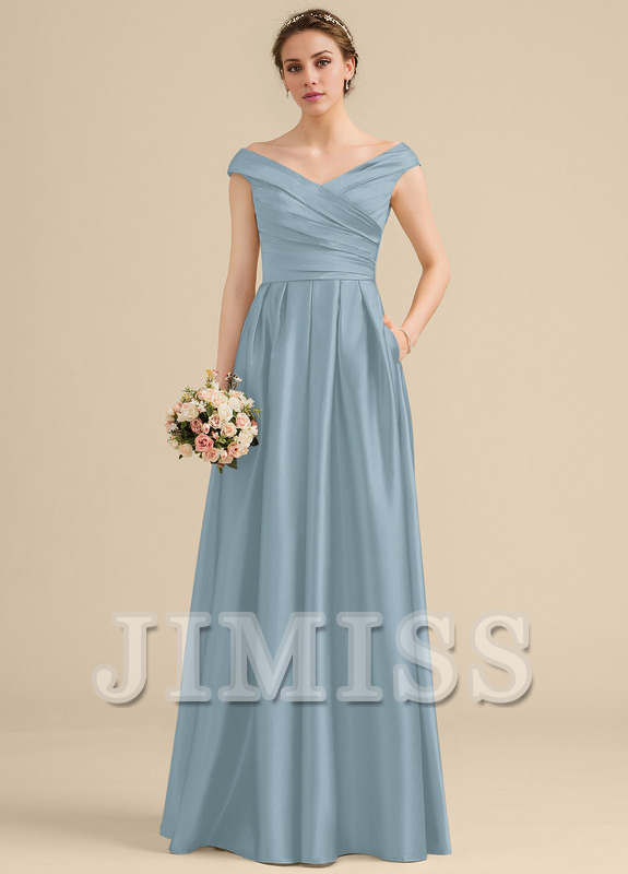 Vestido de dama de honor de satén con volantes, corte A, hombros descubiertos y largo hasta el suelo