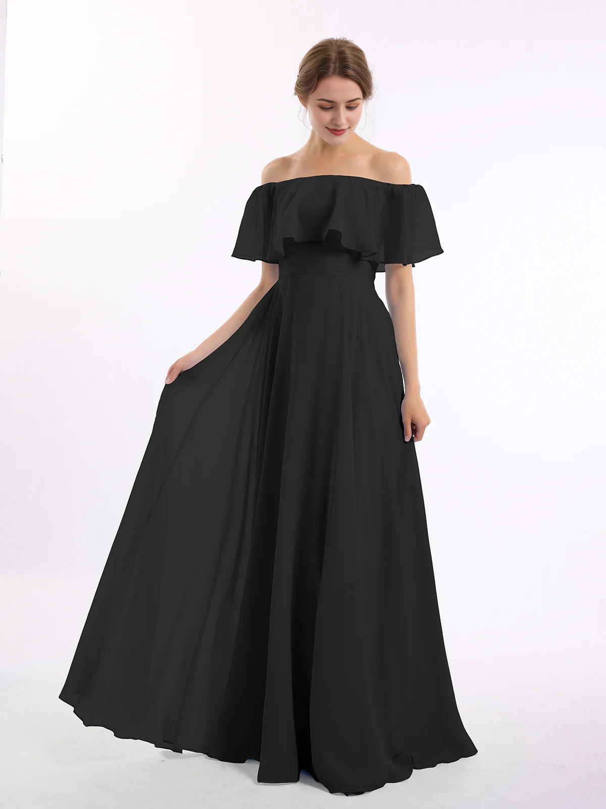 Sage Green Chiffon A-Line Off-the-Shoulder Floor-Length Bridesmaid Dress