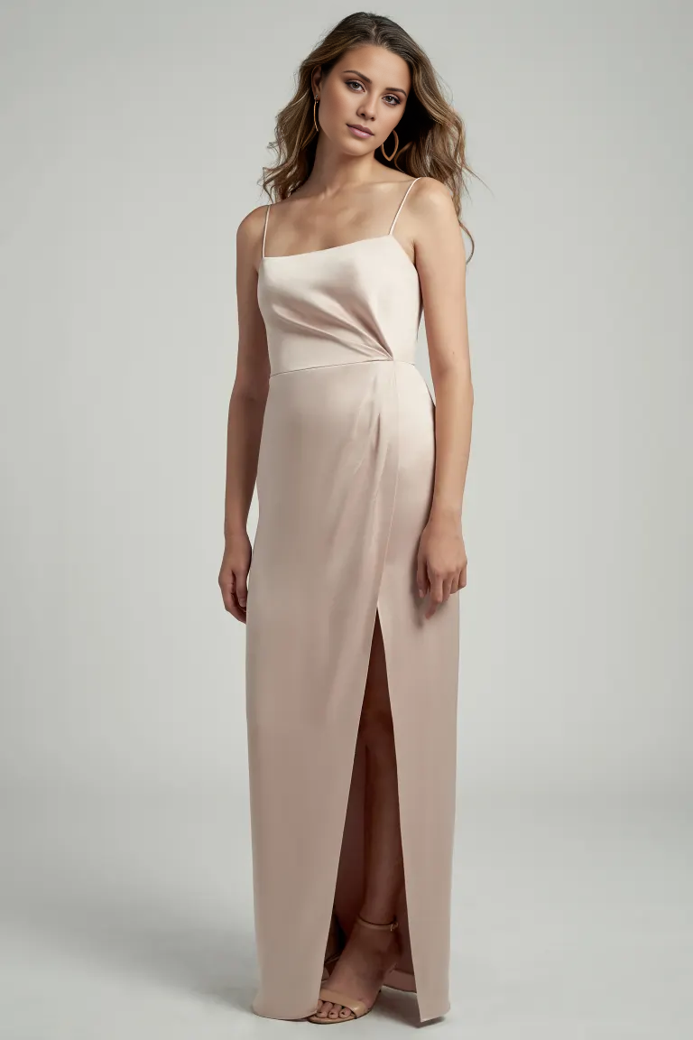 Vestido de fiesta Jimiss con escote cuadrado, sin mangas, tirantes finos, espalda descubierta, abertura lateral y largo hasta el suelo