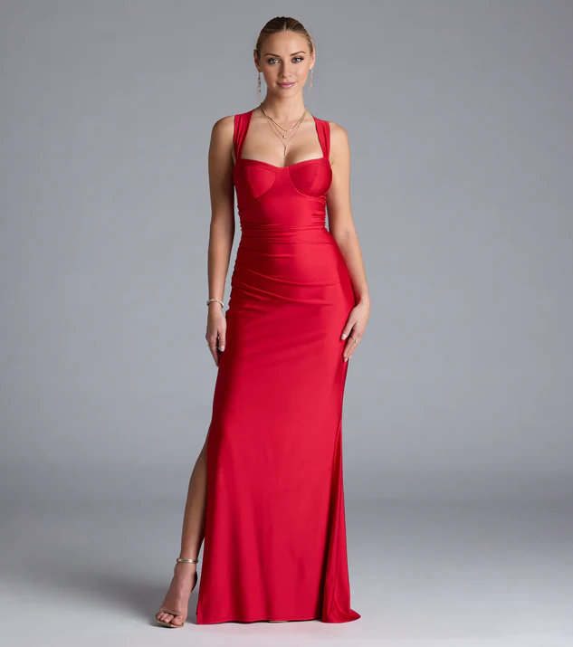 Vestido de fiesta Jimiss de satén con escote en forma de corazón, espalda descubierta, abertura lateral y largo hasta el suelo