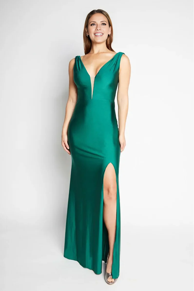 Vestido de noche Jimiss con escote en V profundo, sin mangas, espalda descubierta, abertura lateral y largo hasta el suelo