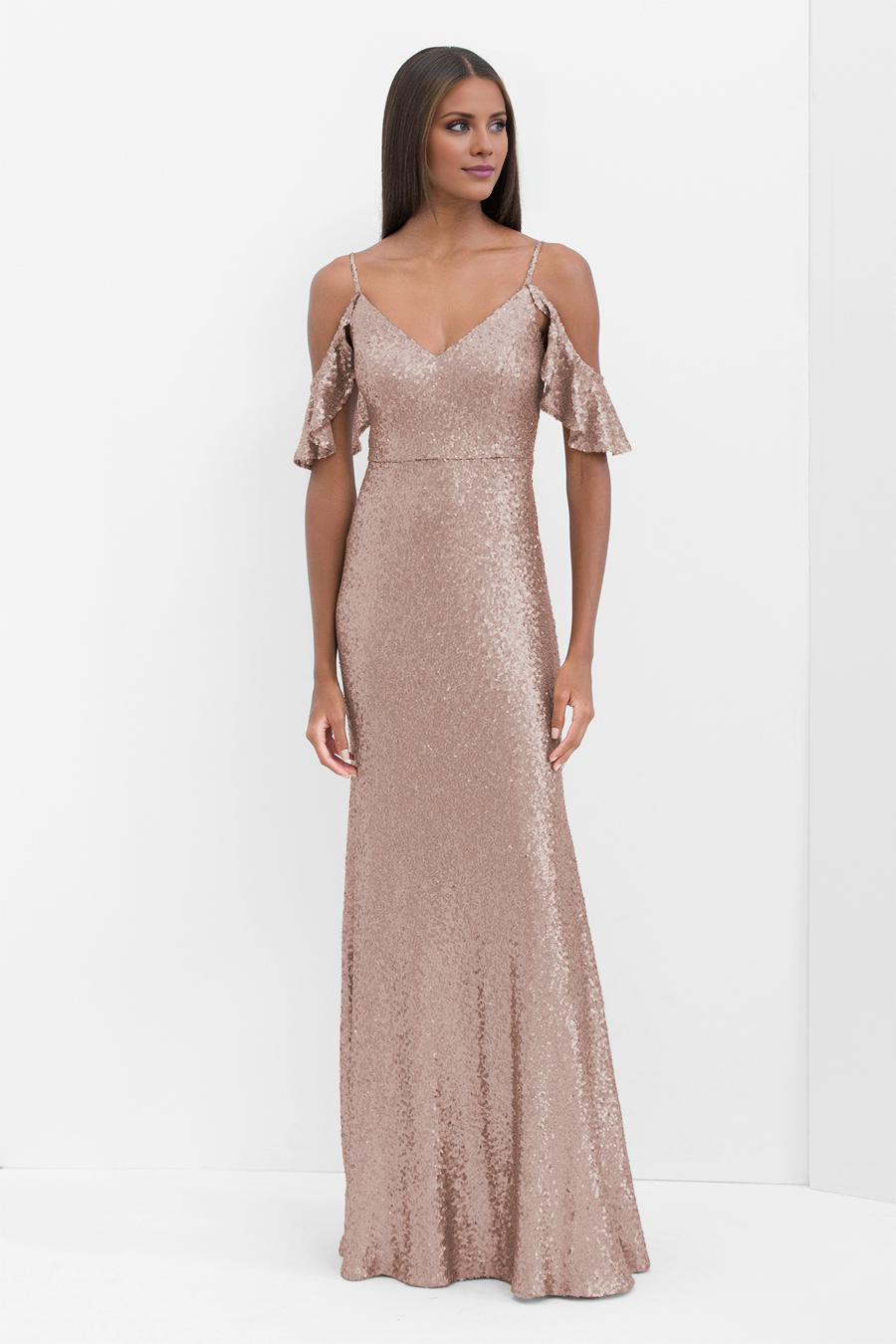 Jimiss V-neck sleeveless sequin thin shoulder strap backless and floor length evening dress