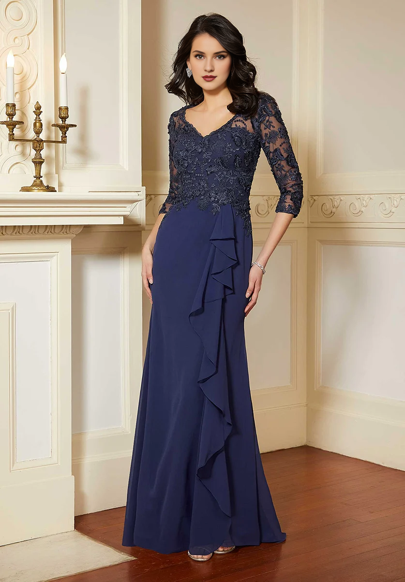 Dark Navy Embroidered Lace & Chiffon V-Neck A-Line Floor-Length Evening Dress