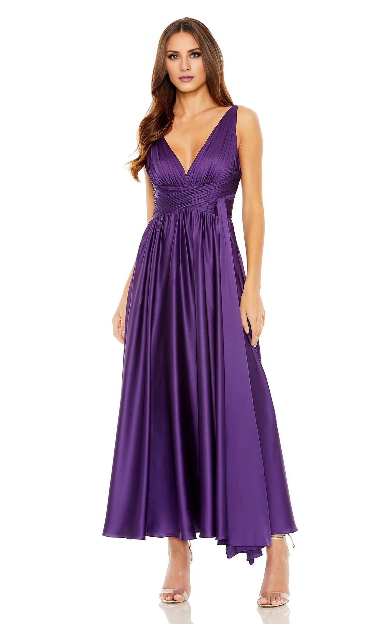 Purple Satin A-Line Ankle-Length Dress with V-Neck and Pleated Bodice