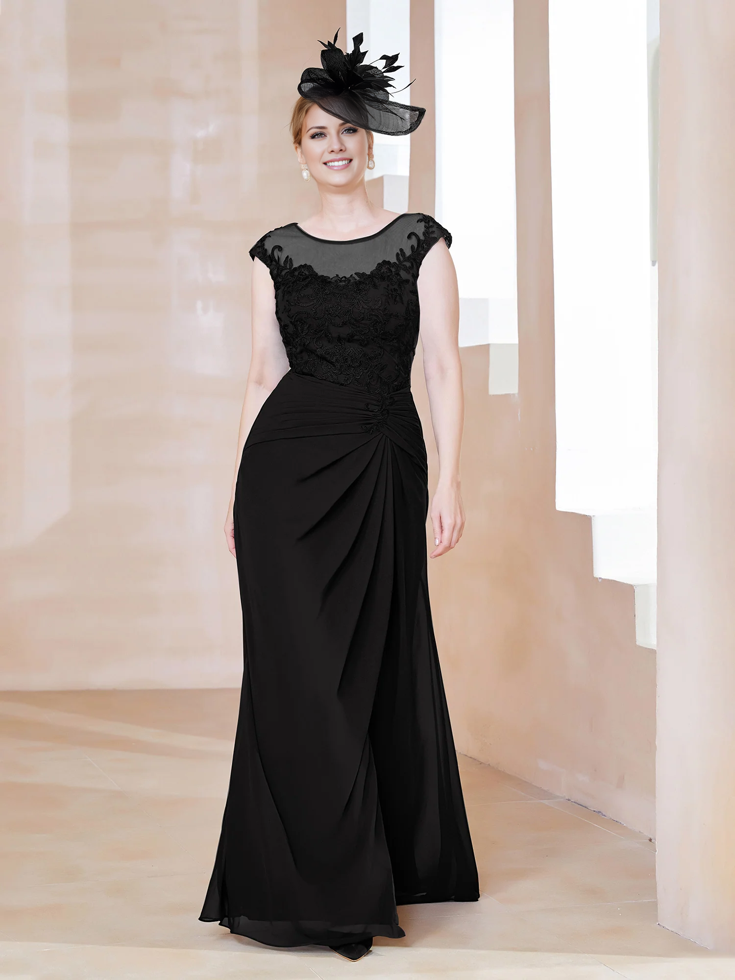 Dark Navy Chiffon A-Line Floor-Length Evening Dress with Illusion Neck and Draped Front