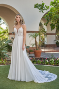 Ivory Lace Chiffon A-Line Floor-Length Bridesmaid Dress with Plunging V-Neck & Train