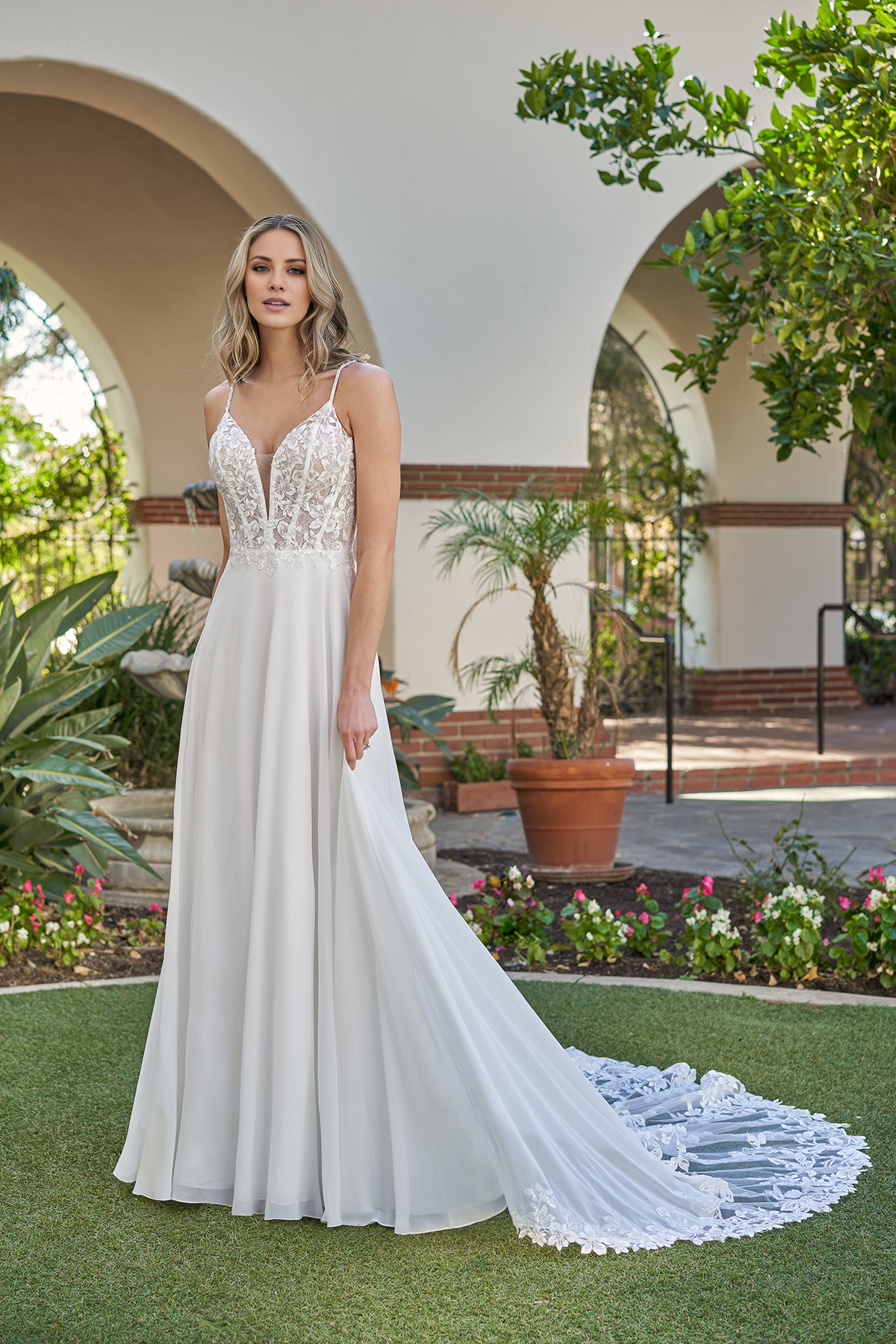 Ivory Lace Chiffon A-Line Floor-Length Bridesmaid Dress with Plunging V-Neck & Train