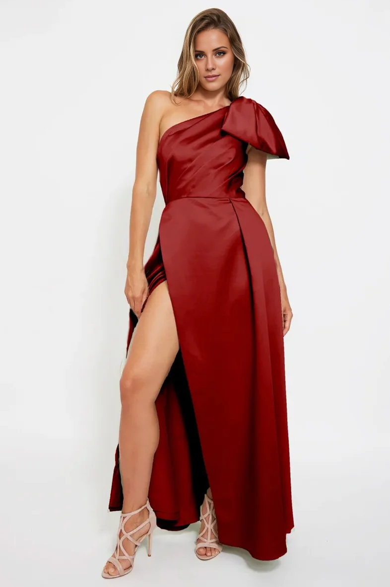 Vestido de noche Jimiss con escote asimétrico, sin mangas, espalda descubierta, lazo de mariposa, abertura lateral y largo hasta el suelo