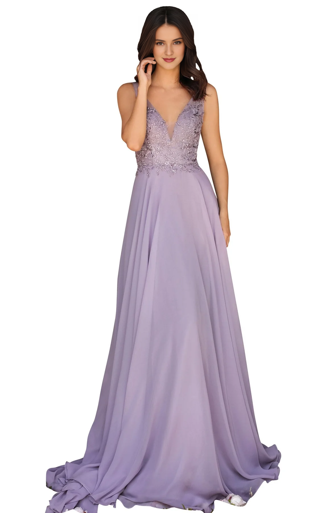 Lilac Chiffon A-Line V-Neck Floor-Length Evening Dress