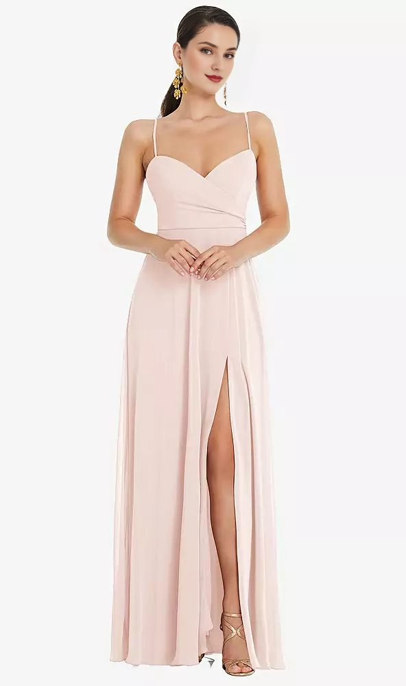 Blushing Pink Chiffon A-Line Sweetheart Floor-Length Bridesmaid Dress with High Slit & Wrapped Bodice