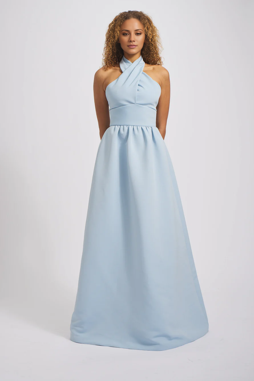 Vestido de fiesta Jimiss de corte A, cuello colgante, hombros descubiertos, sin mangas, espalda descubierta y largo hasta el suelo