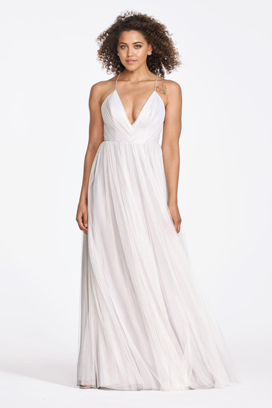 Ivory Tulle A-Line Floor-Length Bridesmaid Dress | V-Neck Backless & Pleated Bodice