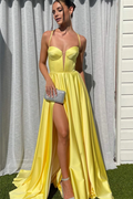 Elegant Yellow Satin A-Line Floor-Length Evening Dress with Plunging V-Neck & High Slit