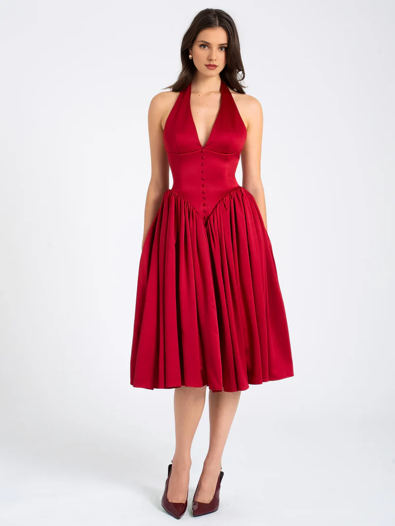 Red Satin A-Line Tea-Length Evening Dress