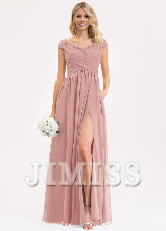 Vestido de dama de honor de gasa con volantes, corte A y largo hasta el suelo