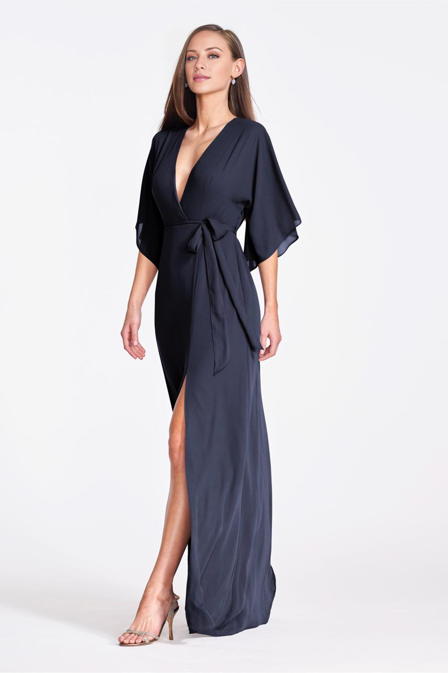 Vestido de noche Jimiss con escote en V profundo, mangas largas, aberturas laterales y largo hasta el suelo