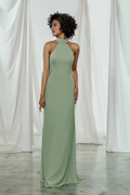 Sage Green Chiffon A-Line Floor-Length Bridesmaid Dress with Halter Neckline