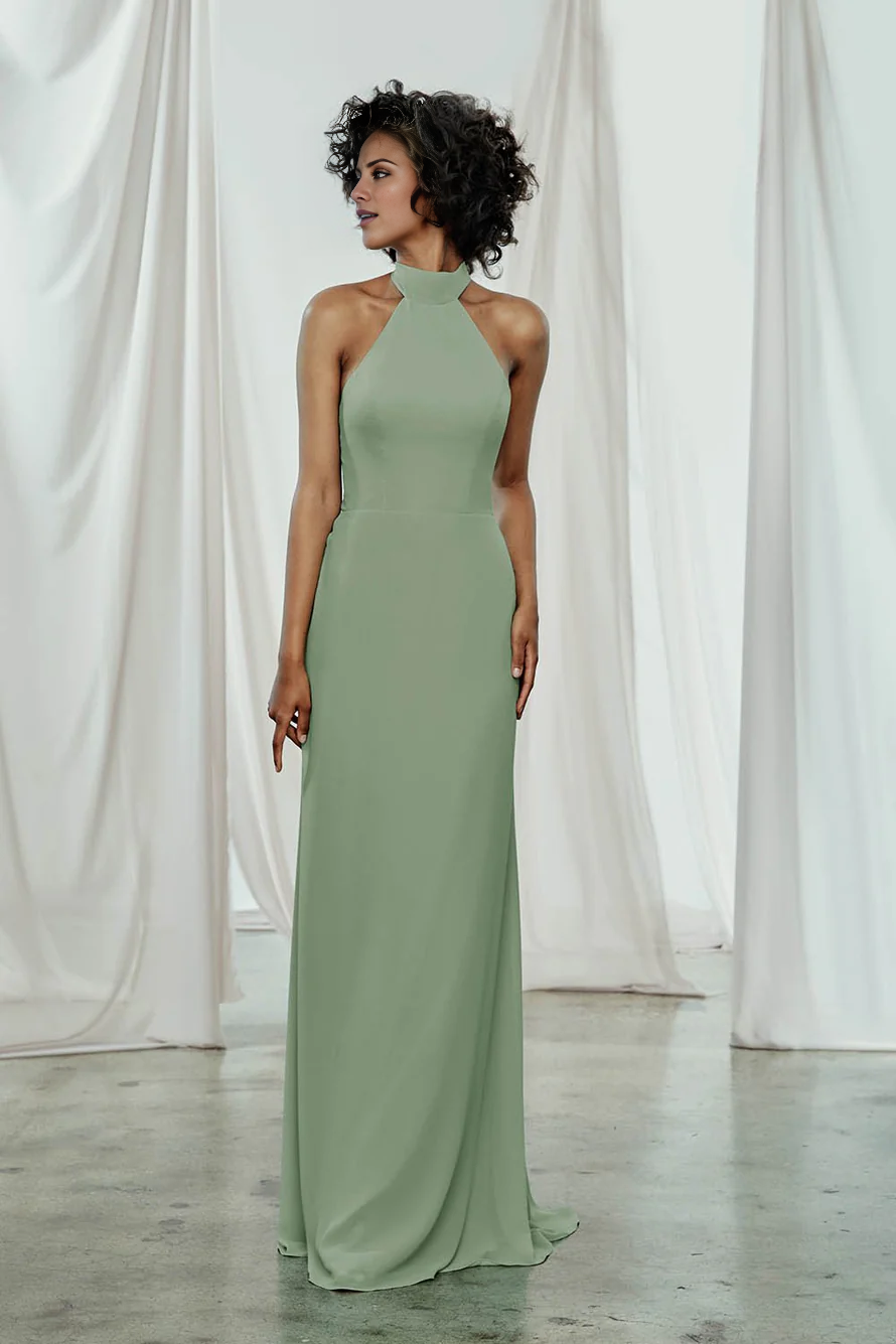 Sage Green Chiffon A-Line Floor-Length Bridesmaid Dress with Halter Neckline