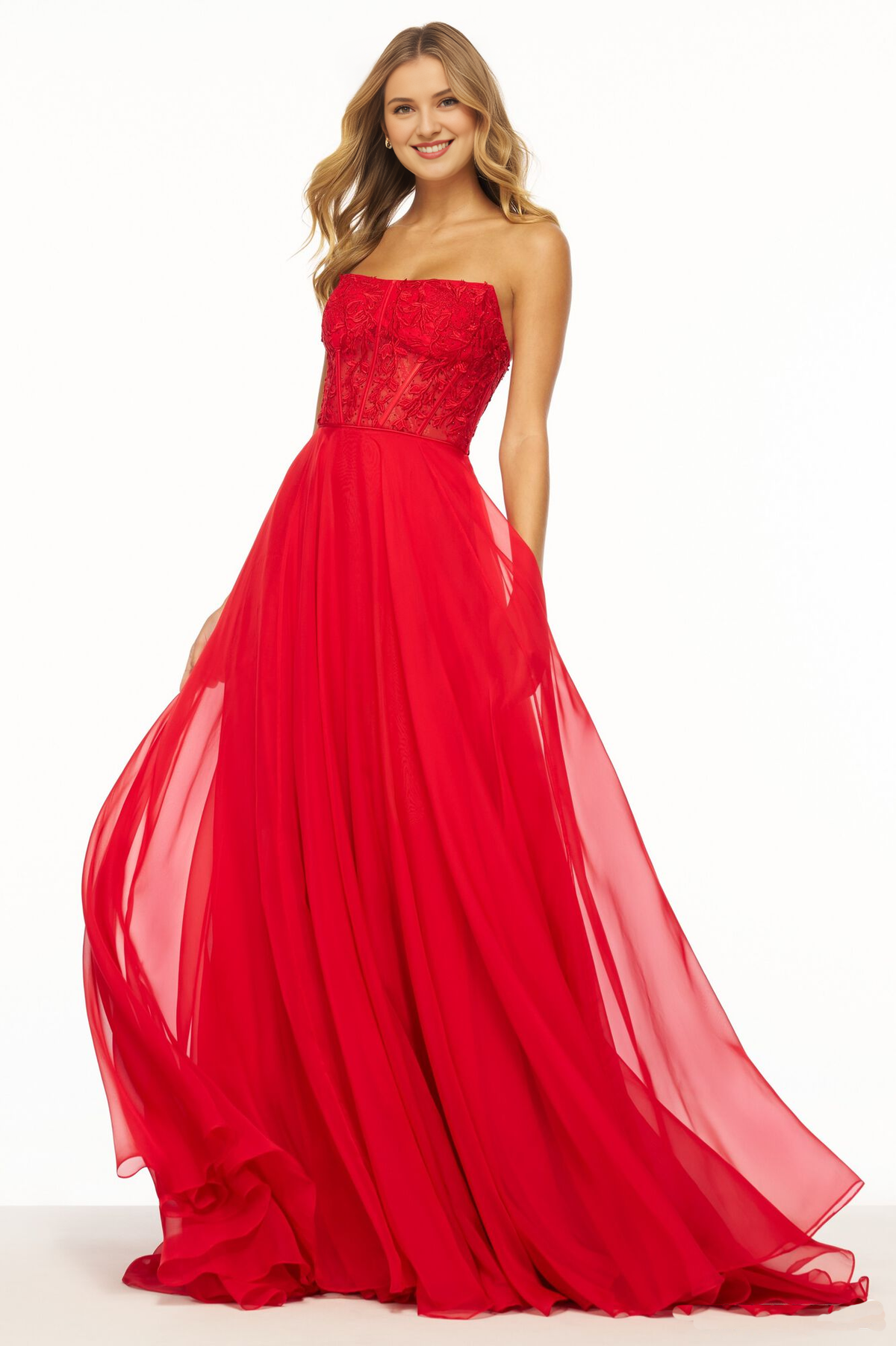 Red Chiffon A-Line Floor-Length Evening Dress