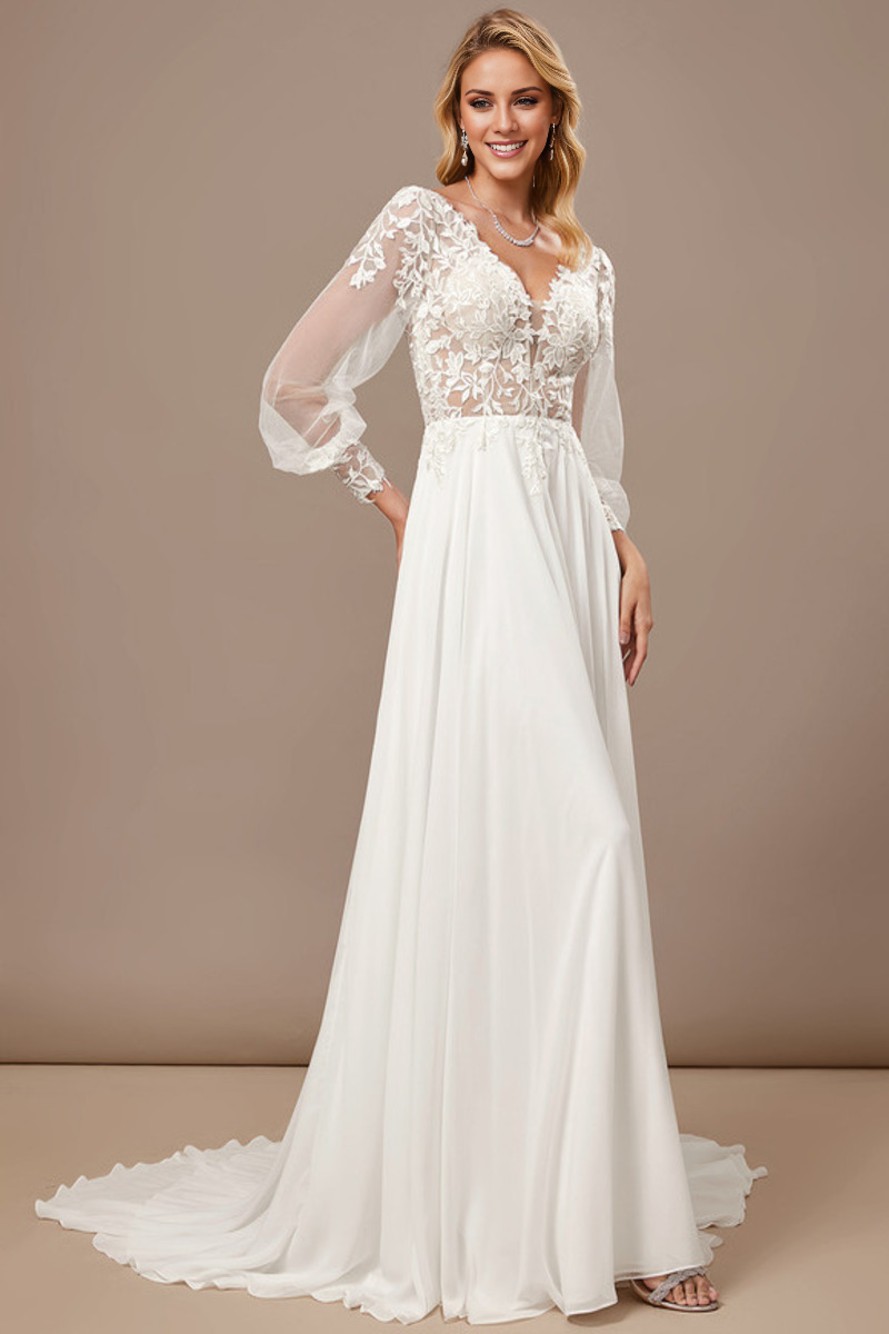A-line V-neck palace trailing long sleeved lace chiffon wedding dress
