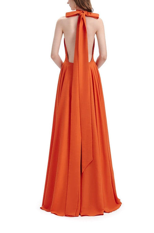 Orange Chiffon A-Line Halter Floor-Length Bridesmaid Dress