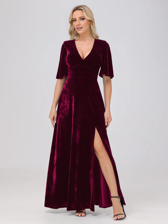 Abito da damigella d'onore in velluto con scollo a V, maniche corte e spacco, lunghezza al pavimento