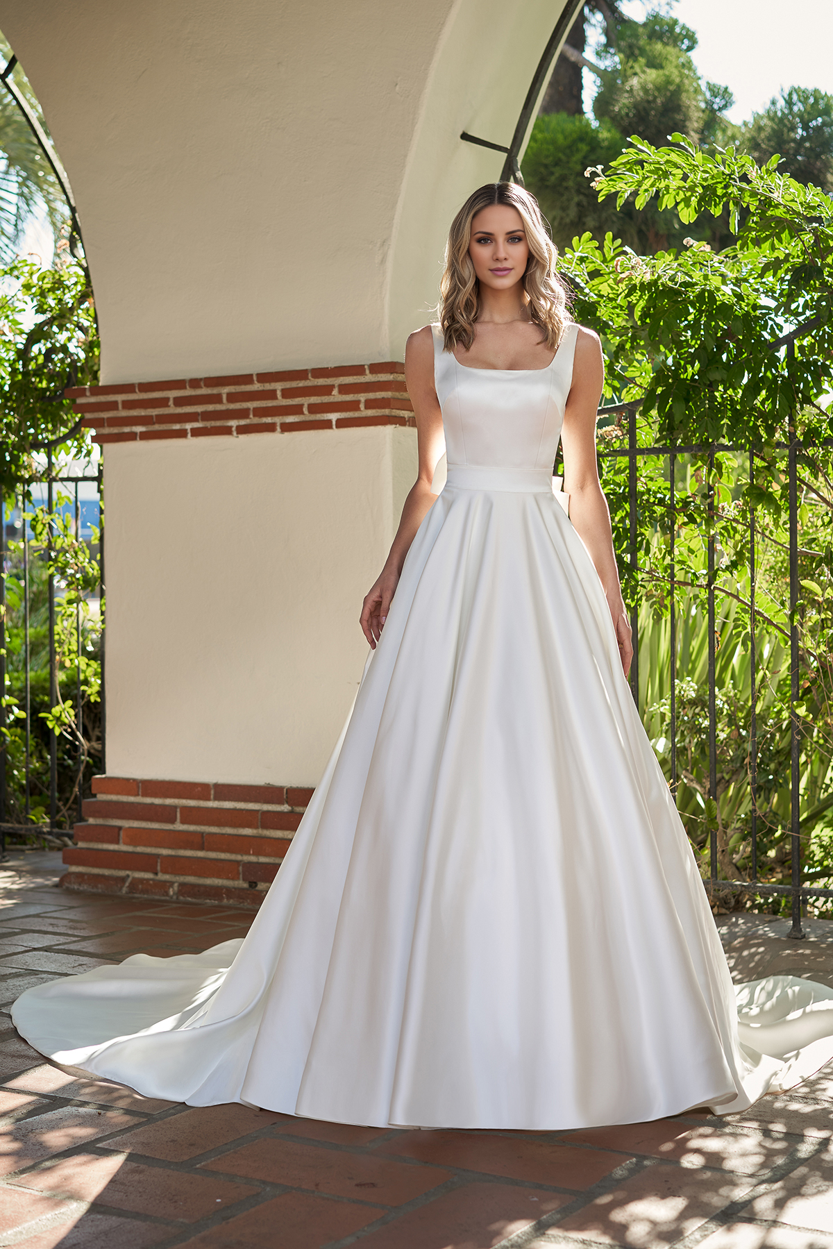 Ivory Satin A-Line Square Neck Floor-Length Dress