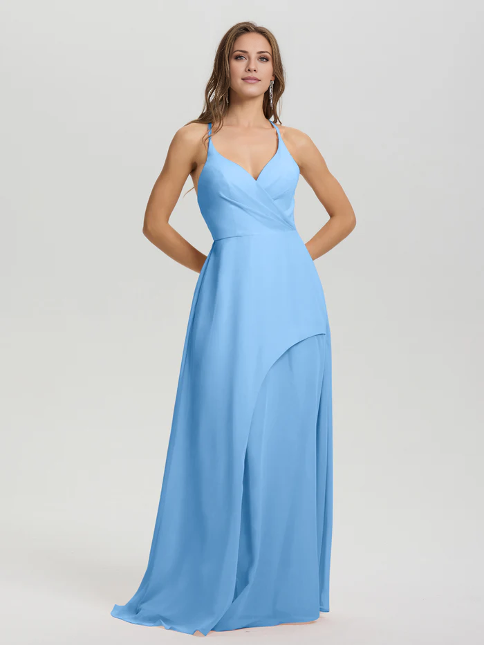 Shoulder strap V-neck backless long chiffon formal and floor length Bridesmaid dresses