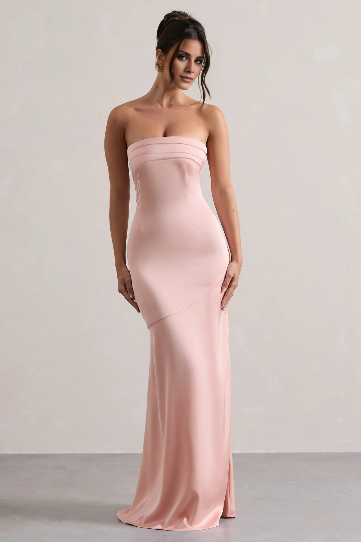 Blushing Pink Pleated Bodice Satin Sheath/column Floor-Length Evening Dress