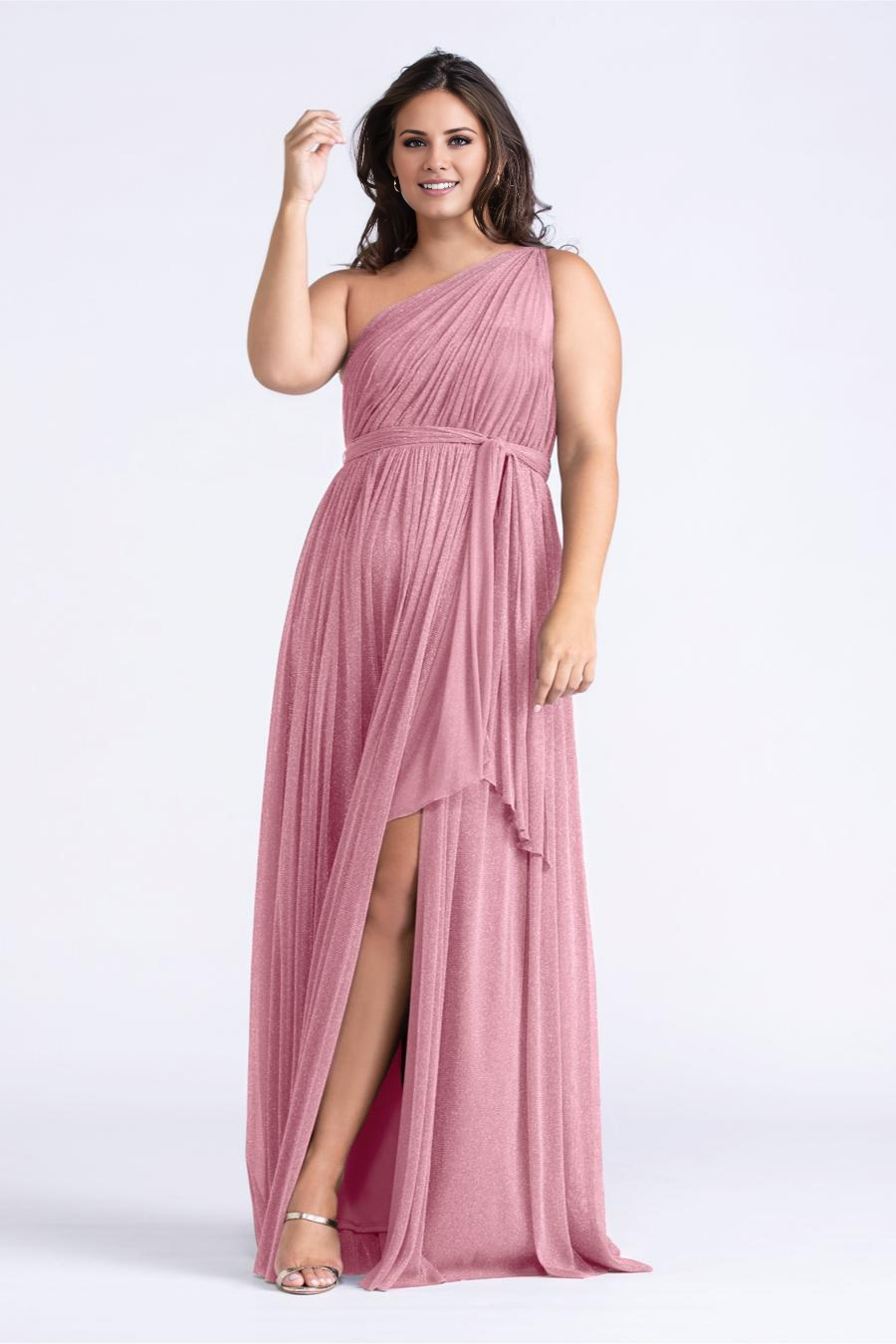 Vestido de noche Jimiss con escote asimétrico, sin mangas, detalle plisado, abertura lateral y largo hasta el suelo
