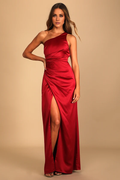 Cabernet One Shoulder Ruched Satin A-Line Floor-Length Dress