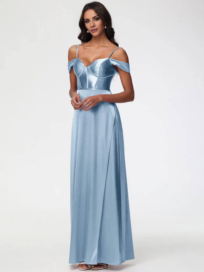 Vestido de fiesta largo de satén con tirantes finos y escote en forma de corazón y hombros descubiertos de Jimiss