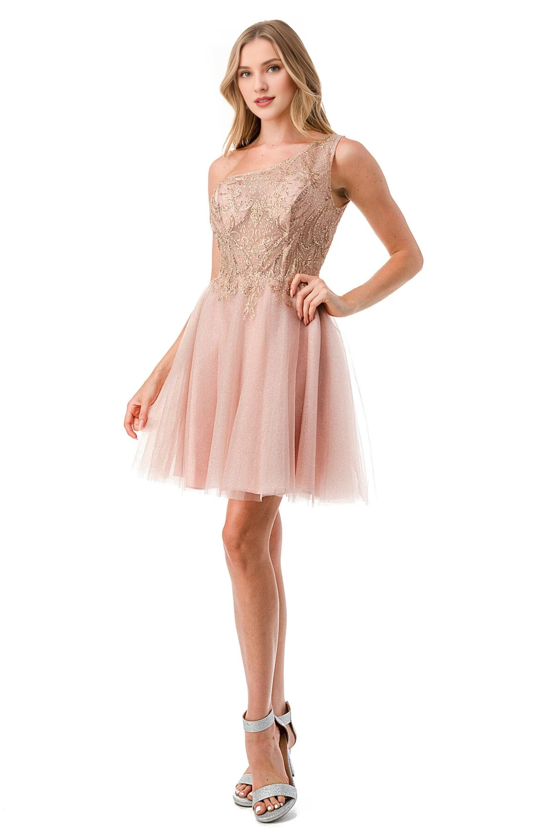 Vestido corto de cuentas con un solo hombro combinado con falda en forma de A