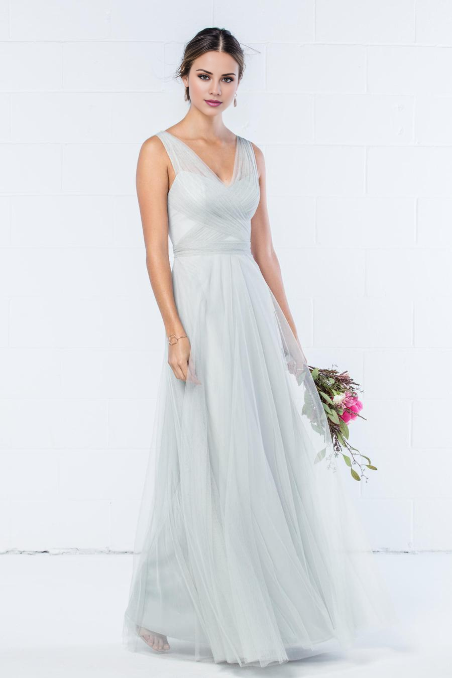 Mist Tulle A-Line V-Neck Floor-Length Bridesmaid Dress