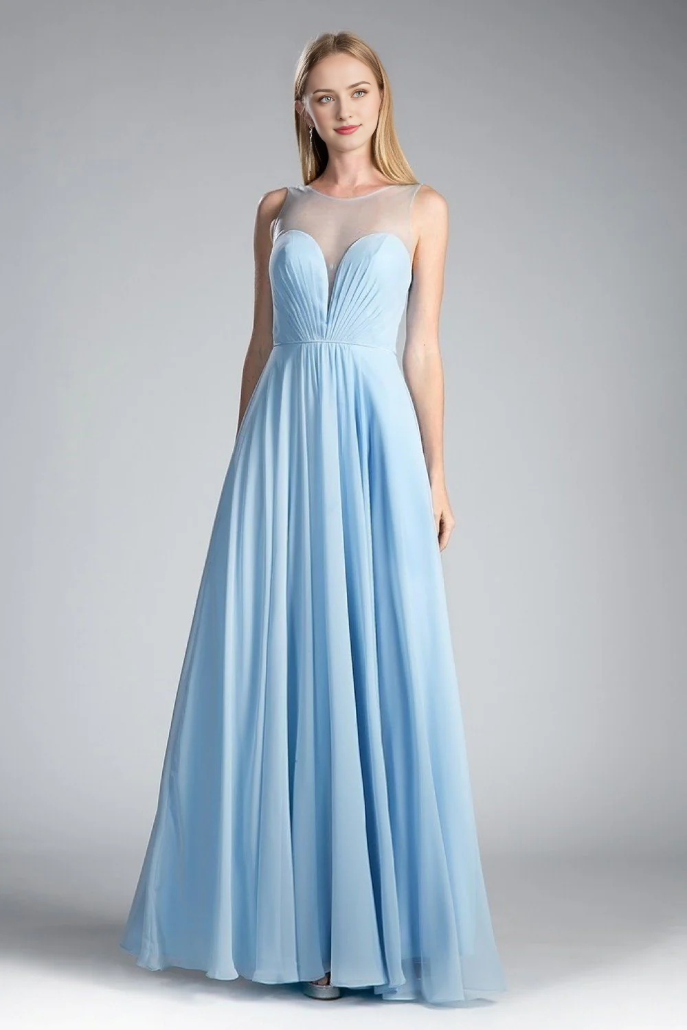 Sky Blue Chiffon A-Line Floor-Length Bridesmaid Dress with Illusion Neckline