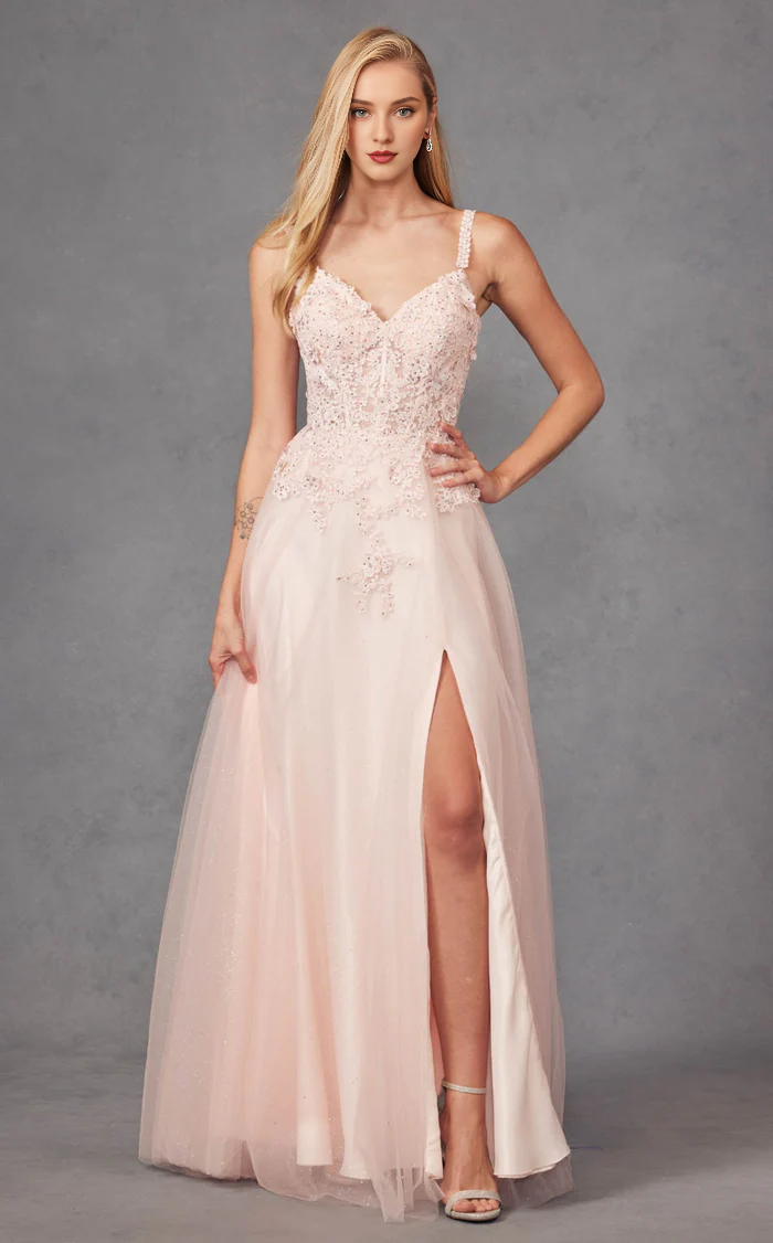 Thin shoulder strap V-neck backless lace decal sheer side slit and floor length Prom dress