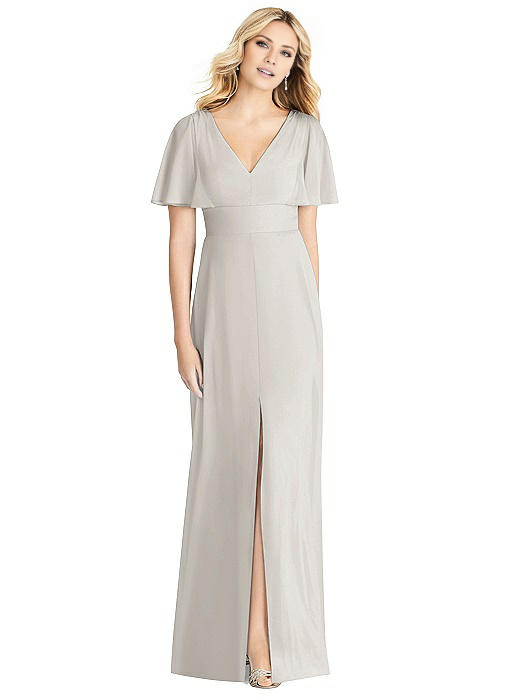 Jimiss V-neck short sleeved slit and floor length evening dress