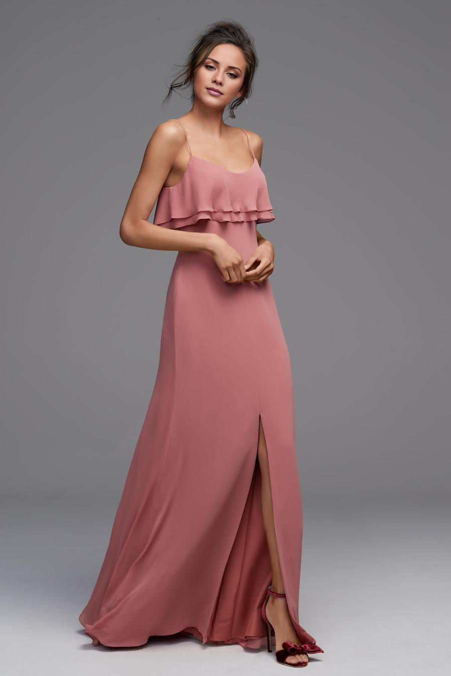 Dusty Rose Chiffon A-Line Floor-Length Dress with Scoop Neck, Tiered Ruffle Bodice and High Slit