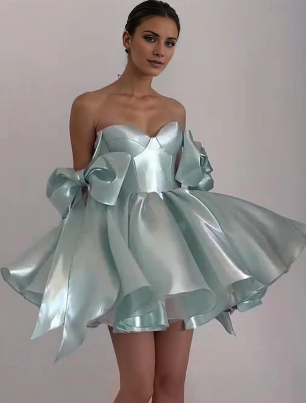 Vestidos de fiesta de corte A con corsé, para graduación, cortos/mini, sin mangas, con tirantes finos, de satén y lazo.