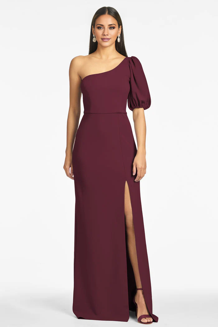 Jimiss asymmetrical collar off shoulder short sleeved off back side slit and floor length evening dress