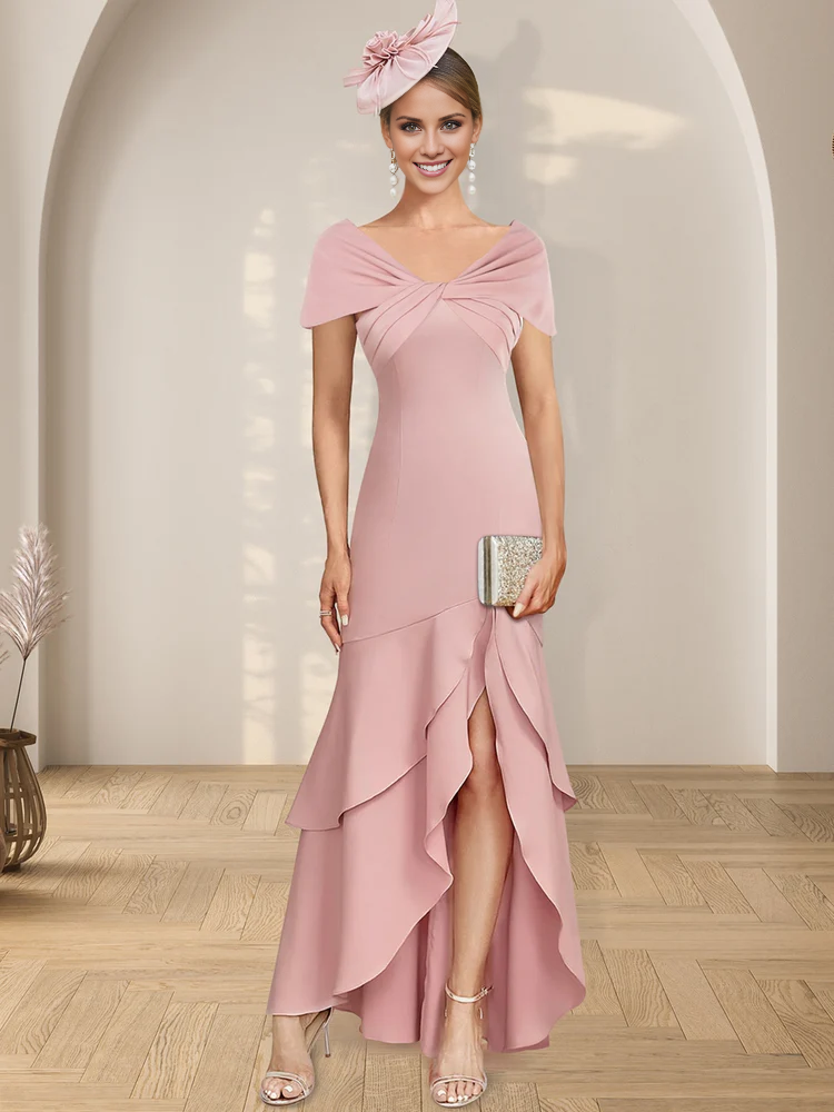 Slim fit column asymmetrical V-neck ruffle hem mother of the bride dress