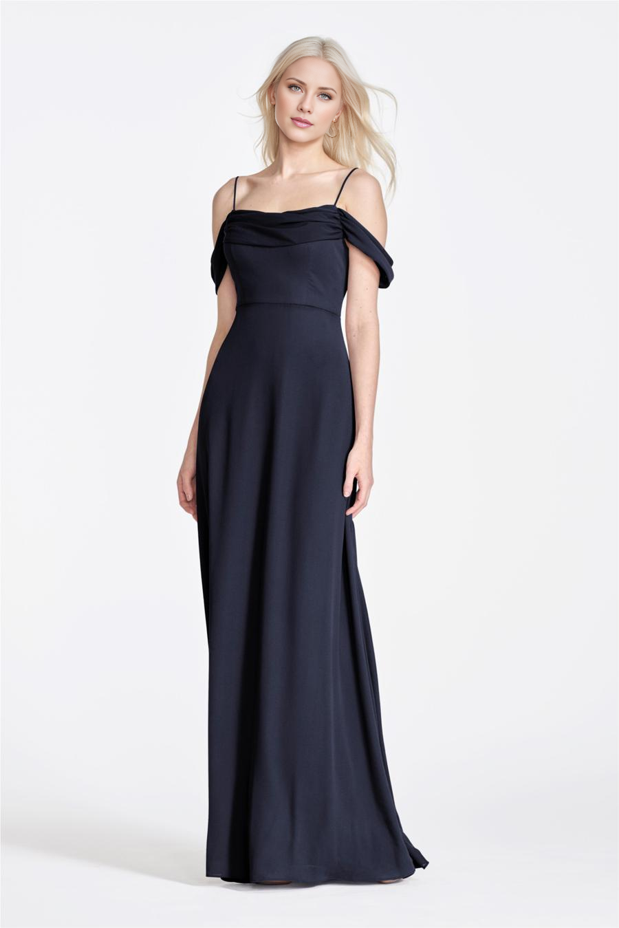 Dark Navy Chiffon A-Line Off-the-Shoulder Floor-Length Bridesmaid Dress