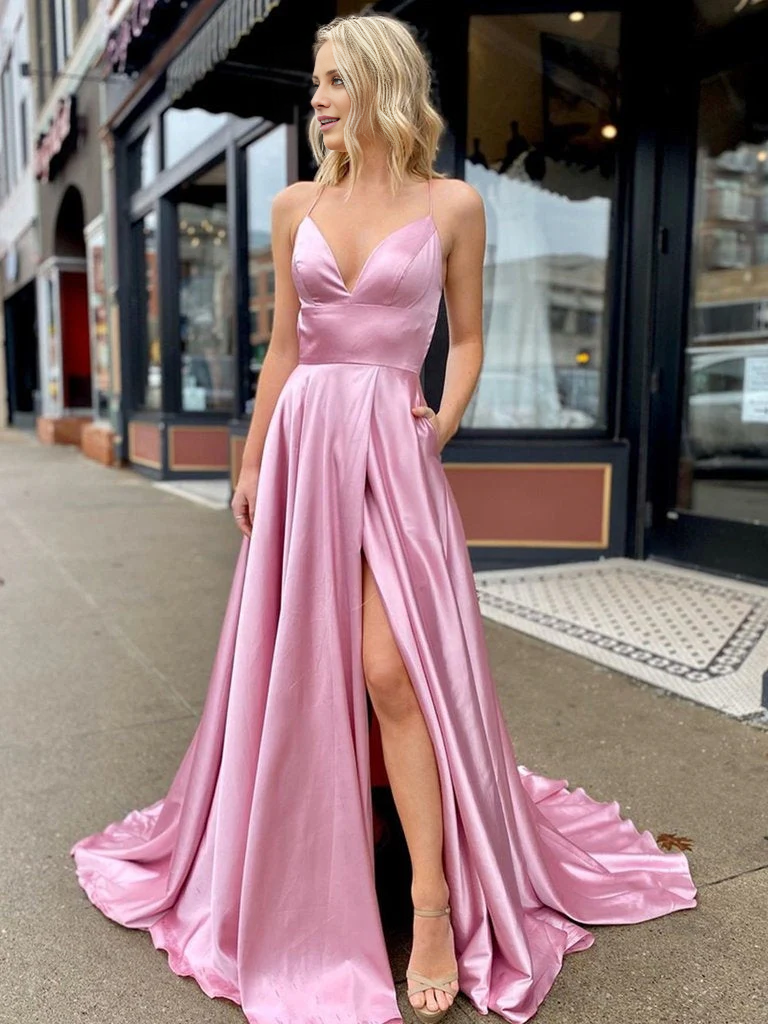 Vestido de fiesta largo de satén con escote en V y corte A de Jimiss, con abertura alta y espalda descubierta