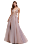Dusty Rose Tulle A-Line Floor-Length Evening Dress with V-Neck, Beaded Bodice & High Slit