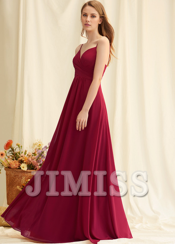 Vestido de dama de honor plisado de gasa hasta el suelo con escote en V y corte A