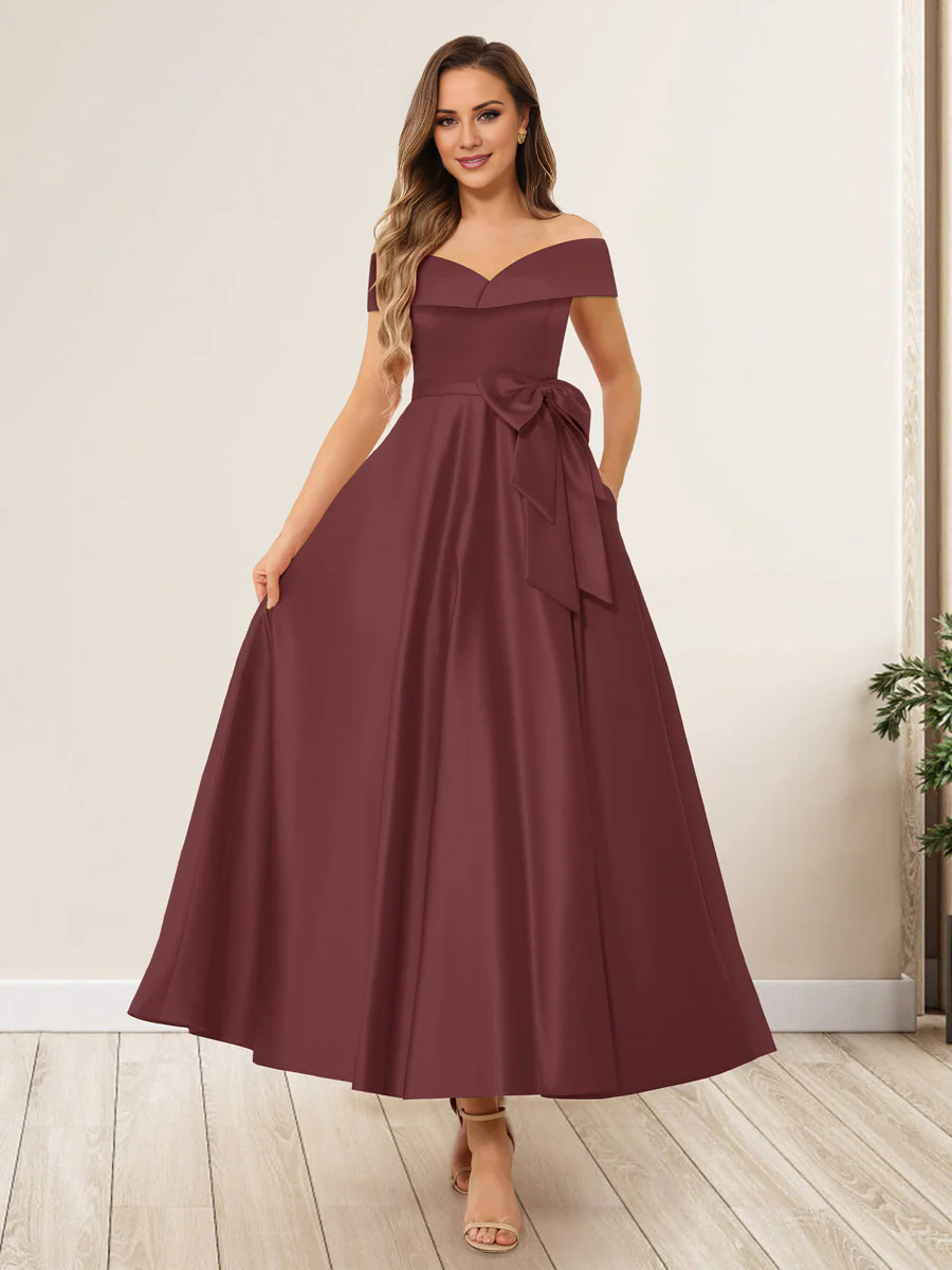 Burgundy Off-the-Shoulder A-Line Tea-Length Bridesmaid Dress