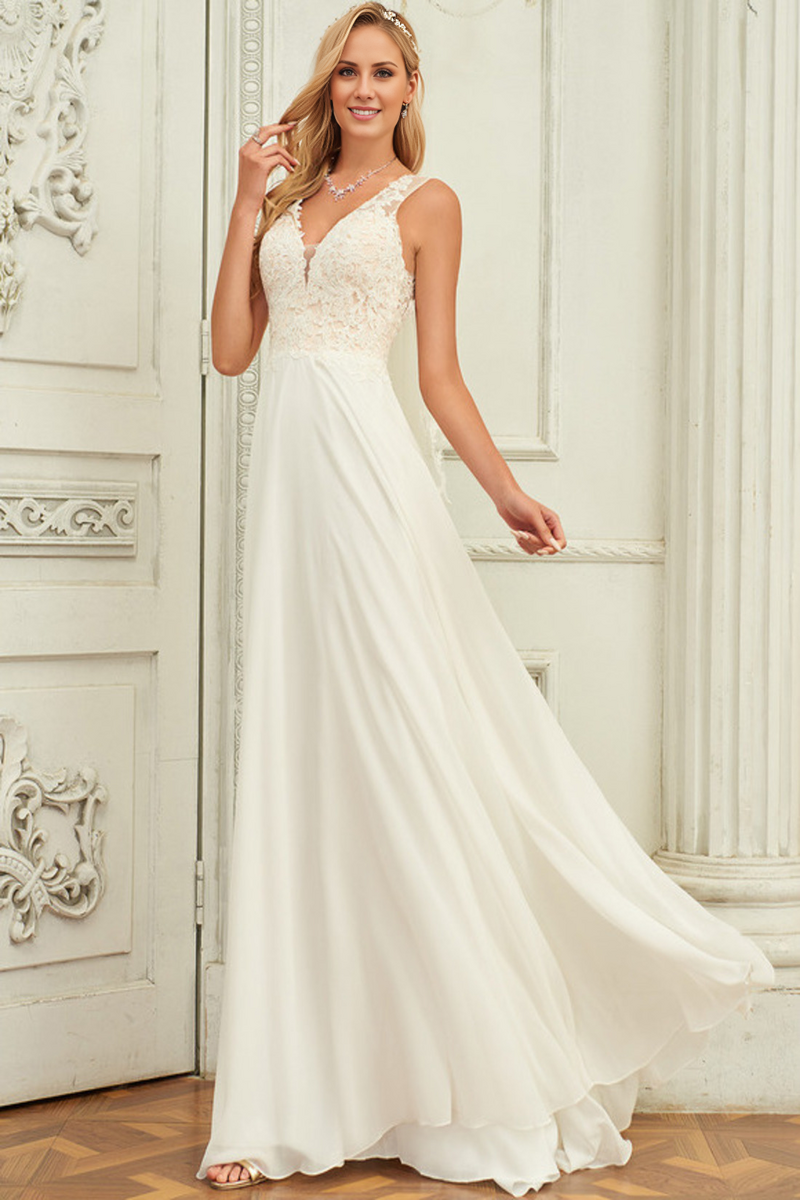 Abito da sposa in chiffon di pizzo senza maniche con scollo a V e scollo a V a trapezio