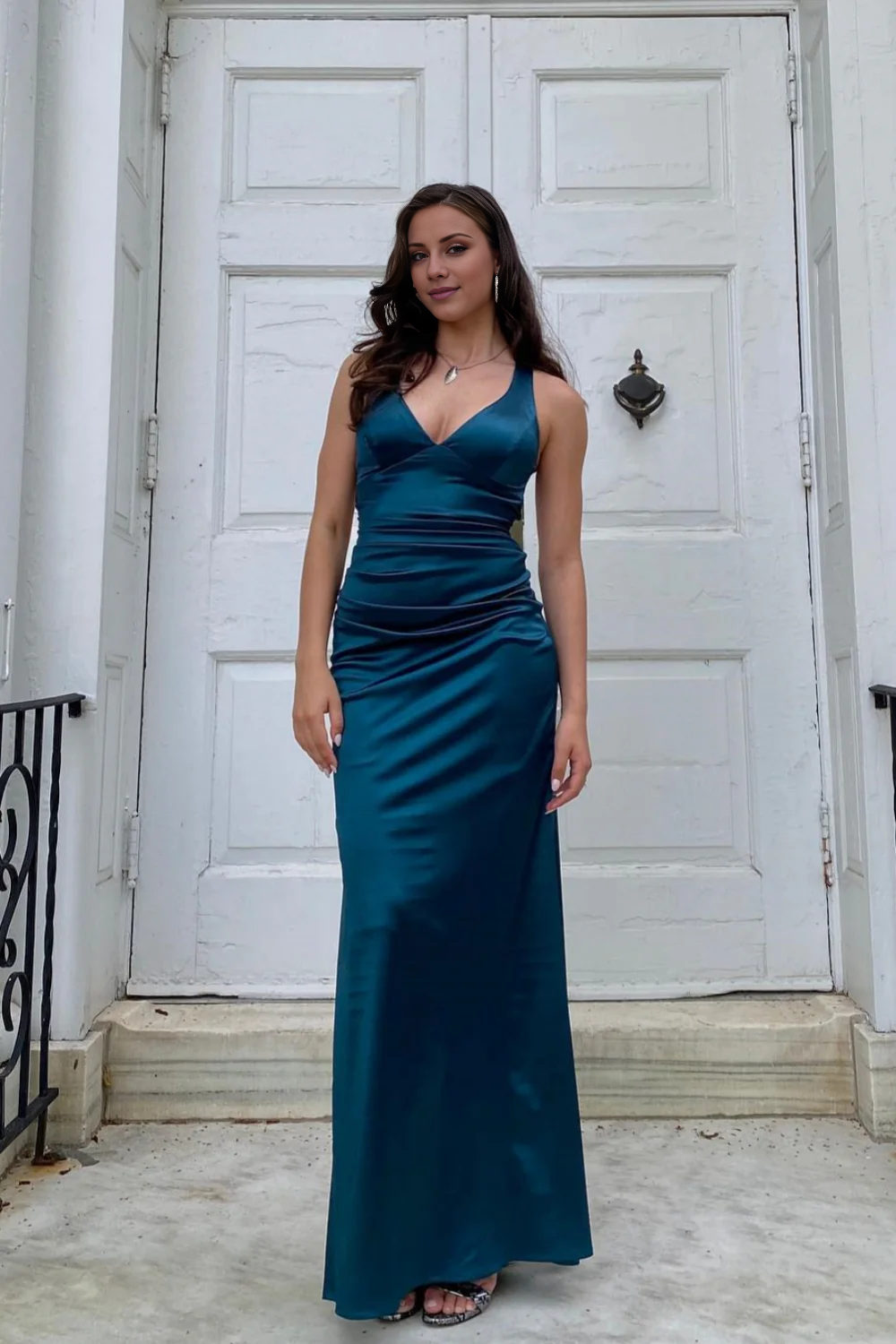 Jimiss V-neck dark blue cross back long dress