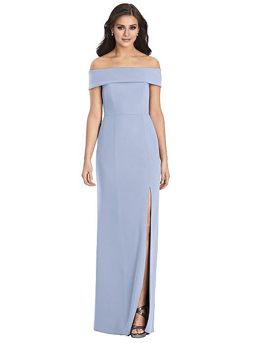 Jimiss off shoulder collar sleeveless backless side slit and floor length Prom dress